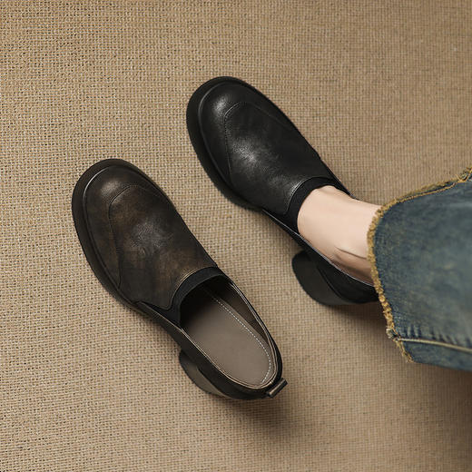 OLD A1356法式深口单鞋厚底圆头高跟鞋粗跟真皮软底乐福鞋 商品图0