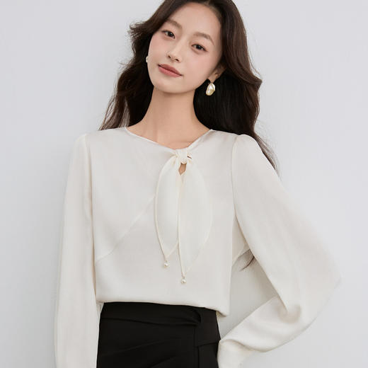 「自」全新升级【铂金会员165/天猫219/差价54】(44144)洛诗琳新款V领系带雪纺衫2025秋季气质百搭飘带雪纺衬衫女 商品图1
