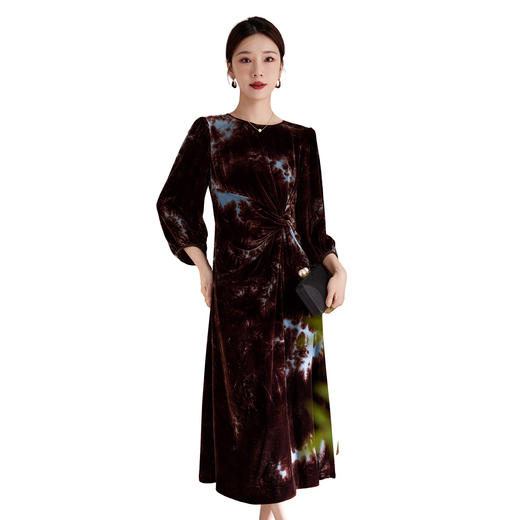 QS法式拼色晕染花卉真丝丝绒连衣裙女秋季新款优雅轻奢中长裙女1373 商品图4