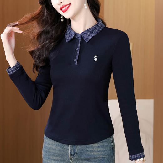 KQL 355H8303秋上新POLO领格子拼接假两件长袖T恤洋气刺绣显瘦上衣 商品图2