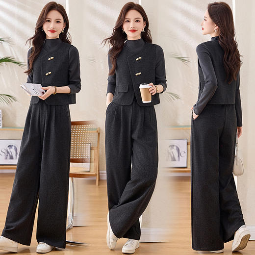 HR MEIQIN5501老钱风西装马甲阔腿裤套装气质通勤三件套 商品图1