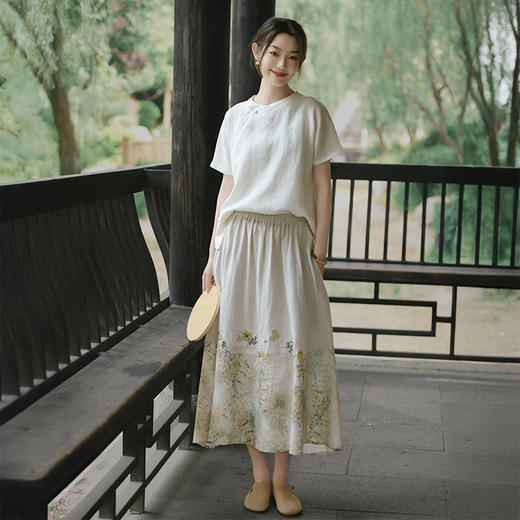 A6529国风雨露麻半身裙新中式女装亚麻半身裙夏季新款高级气质感国风印花a字裙 商品图3