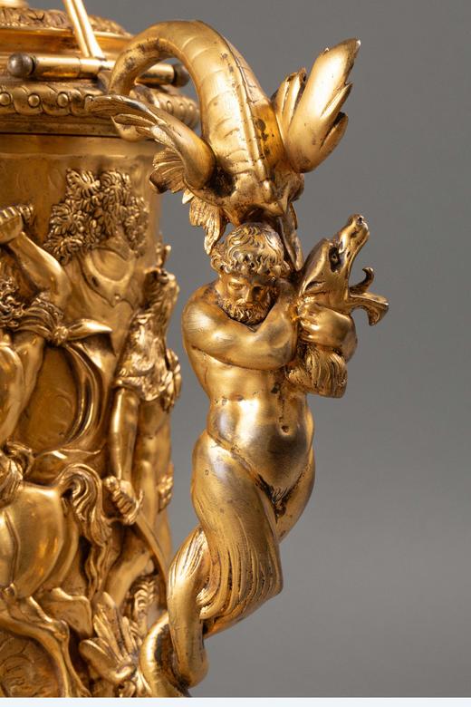 独角鹿西洋古董19世纪末欧洲出品新文艺复兴风格神话人物及古典战役主题铜鎏金精雕大型带盖啤酒杯 商品图7