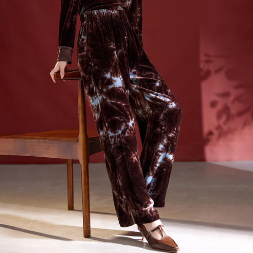 QS丝绒阔腿裤女秋季2025新款扎染显瘦桑蚕丝直筒裤高腰设计感1809 商品图3