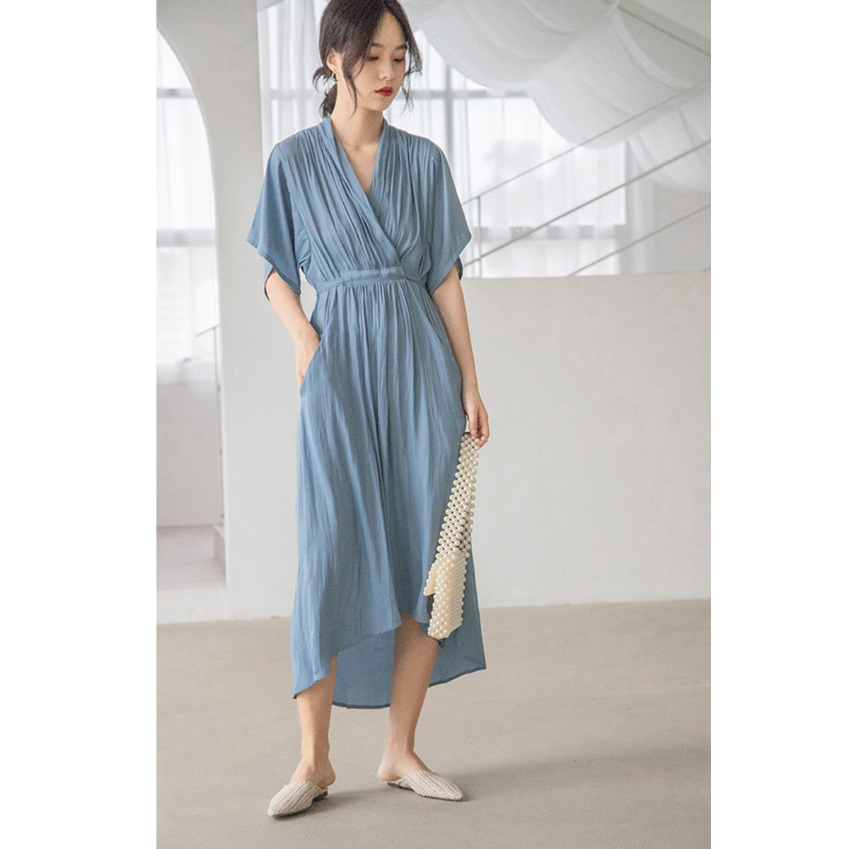 OLrain欧芮儿夏日清爽蓝色连衣裙海边度假必备显瘦仙女裙