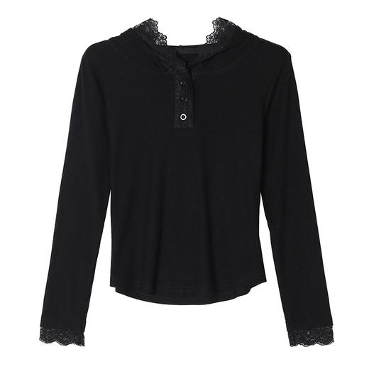 KQL 355H8166蕾丝拼接连帽长袖T恤洋气修身显瘦上衣 商品图4