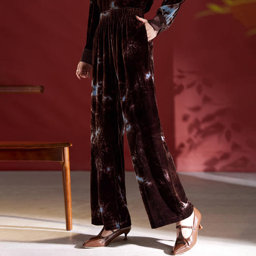 QS丝绒阔腿裤女秋季2025新款扎染显瘦桑蚕丝直筒裤高腰设计感1809 商品图0