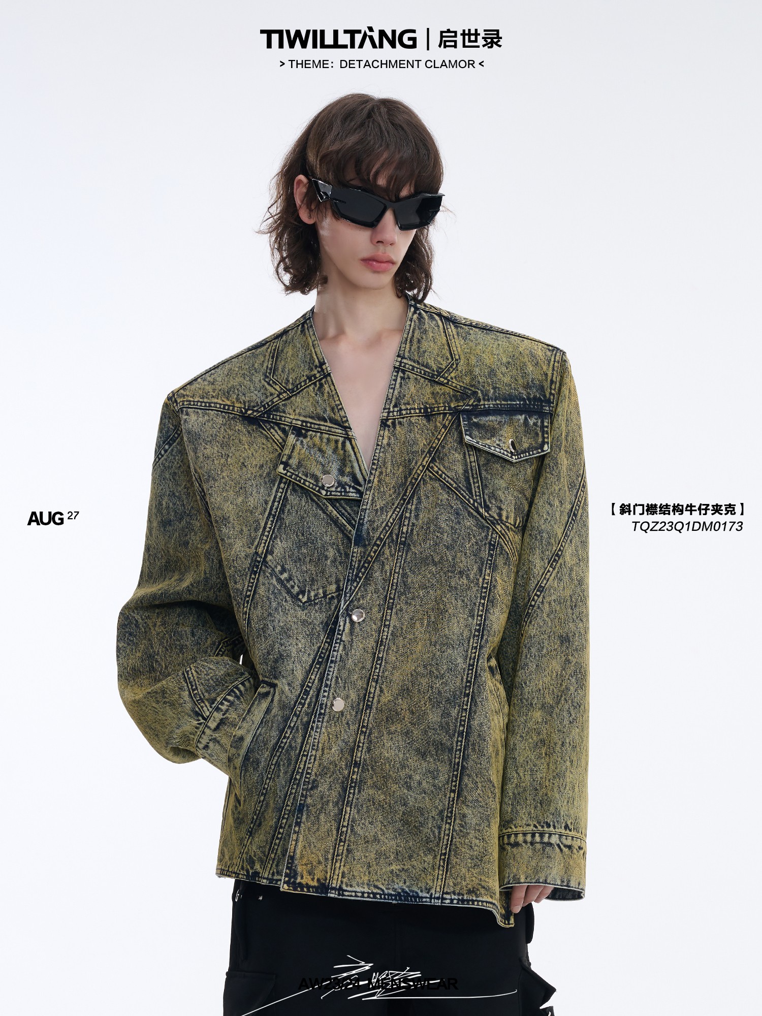 TIWILLTANG启世录“缄默异秩”斜门襟结构牛仔水洗夹克无领外套男