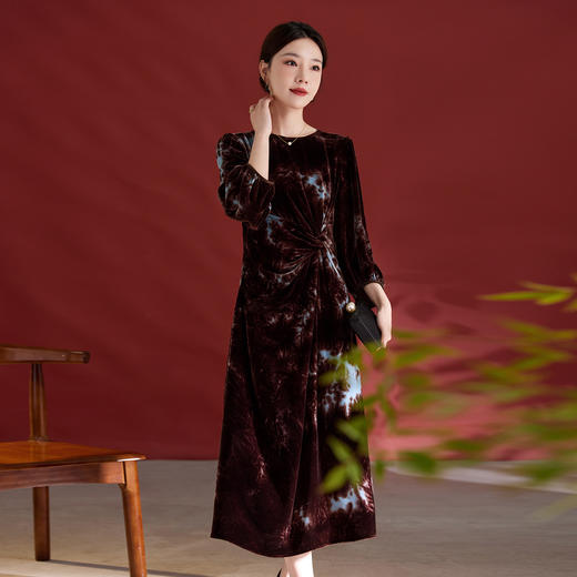 QS法式拼色晕染花卉真丝丝绒连衣裙女秋季新款优雅轻奢中长裙女1373 商品图0
