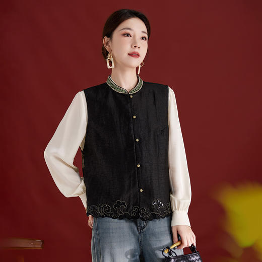 QS【翠影依依】重磅桑蚕丝香云纱龟纹老料无袖刺绣马甲短款上衣1767 商品图3