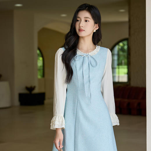 奢姿大码女装2025秋季时尚钻饰薄纱袖连衣裙胖妹妹气质优雅小黑裙9953835194 商品图1