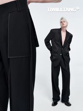 TIWILLTANG启世录 “obsidian”satin“曜岩” 黑色缎面拼接长裤