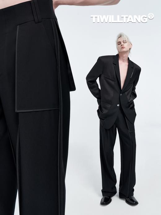 TIWILLTANG启世录 “obsidian”satin“曜岩” 黑色缎面拼接长裤 商品图0