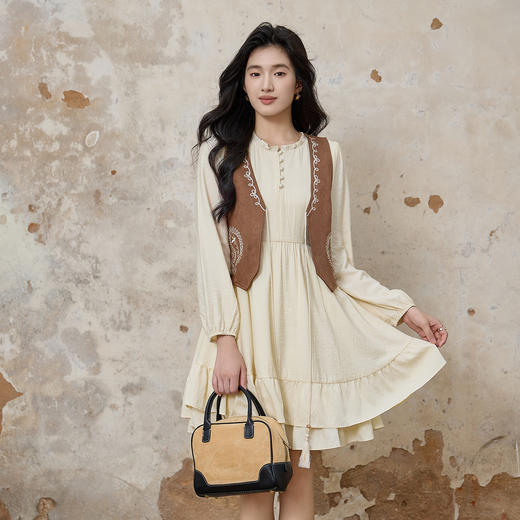 奢姿大码女装2025秋季时尚刺绣系带马甲气质荷叶边连衣裙两件套装9953994245AB 商品图0
