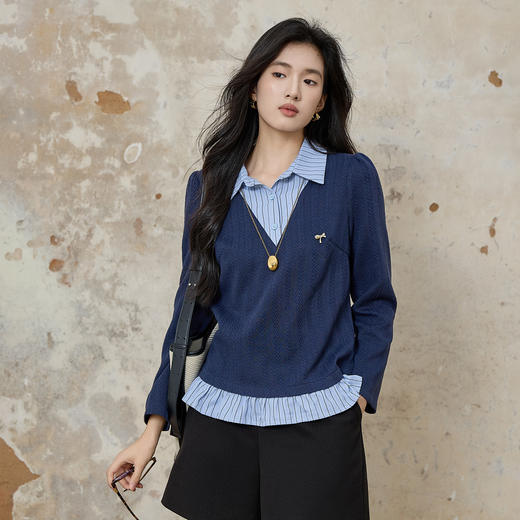 奢姿大码女装2025秋季新款胖妹妹时尚条纹拼接气质翻领假两件上衣9953253604 商品图0