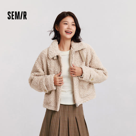 森马外套女冬季仿羊羔毛立领宽松上衣女生温柔慵懒简约风百搭夹克 商品图1