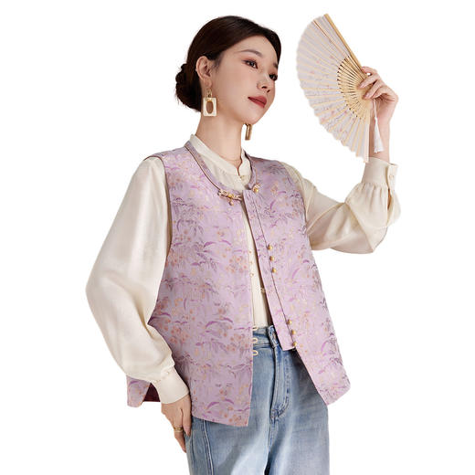 QS新中式个性提花盘扣桑蚕丝马甲女装显瘦遮肉2025秋季新款气质1321 商品图4