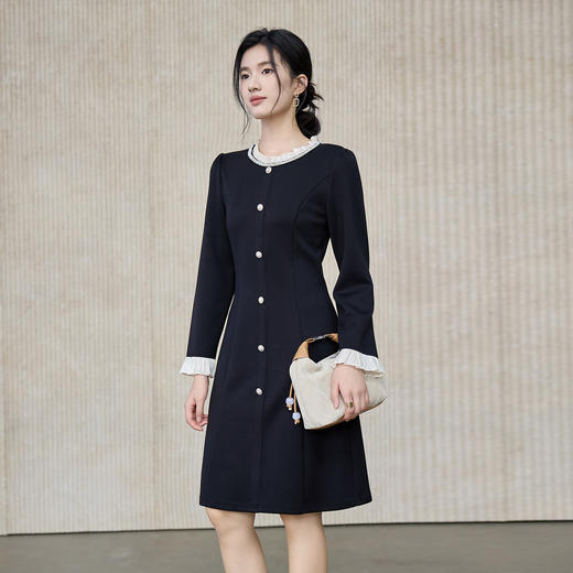 奢姿大码女装2025秋季时尚花边装饰圆领连衣裙胖妹妹气质优雅裙子9953890647 商品图0