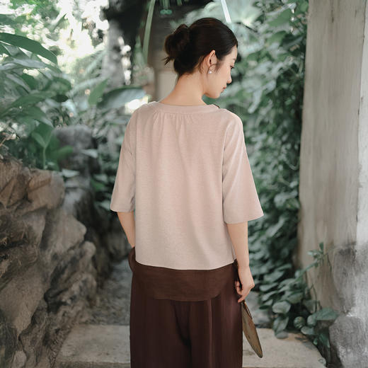 棉麻女装2025夏季新款汉麻t恤女设计感圆领复古短袖上衣 商品图3