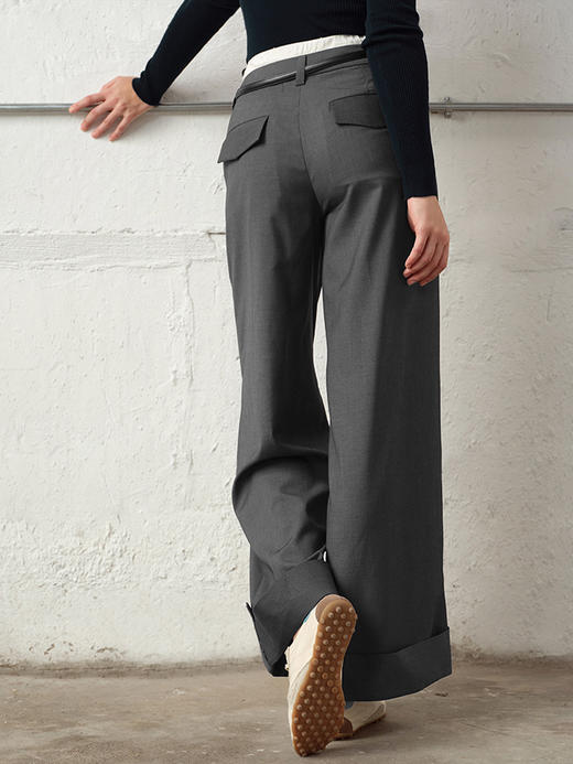 TR她热 都市丽人 灰白撞色拼接翻边通勤百搭西装阔腿裤 商品图1