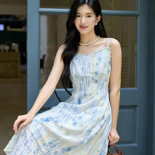 奢姿大码女装2025秋季减龄印花吊带裙子胖妹妹木耳边时尚连衣裙9953835137B 商品图2