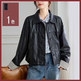 馥迦摩登通勤格子袖休闲翻领皮衣外套