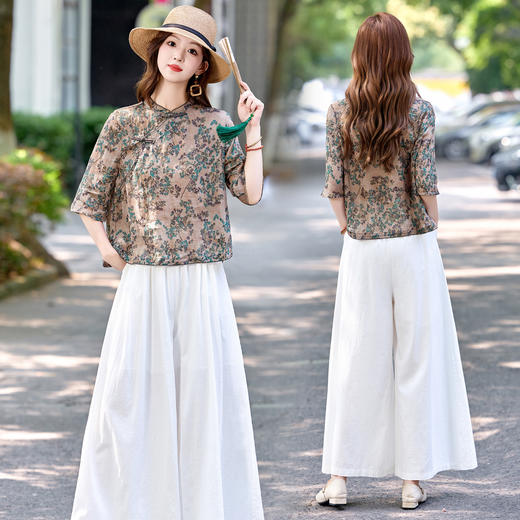 XS99923新中式印花套装女2025夏季新款复古盘扣文艺上衣阔腿裤两件套潮流 商品图3