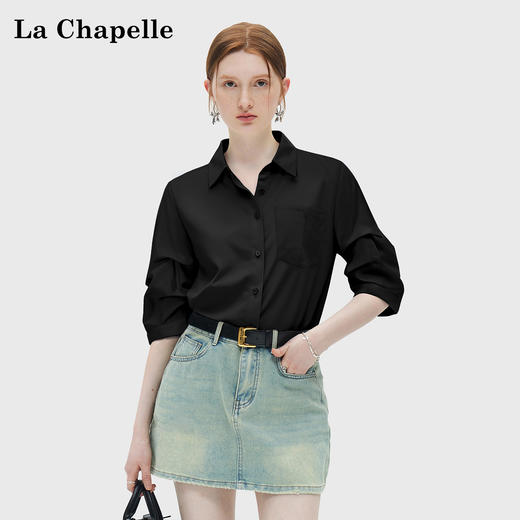 会员福利【丝滑、抗皱+垂坠】拉夏贝尔/La Chapelle翻领单口袋褶皱衬衫女纯色简约高级感休闲宽松通勤衬衣秋 商品图4