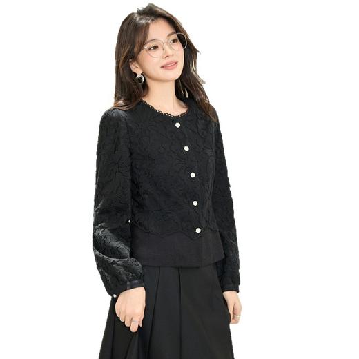「自」全新升级【铂金会员220/天猫289/差价69】(11341)洛诗琳蕾丝拼接刺绣上衣2025秋季法式小香风假两件衬衫女 商品图4
