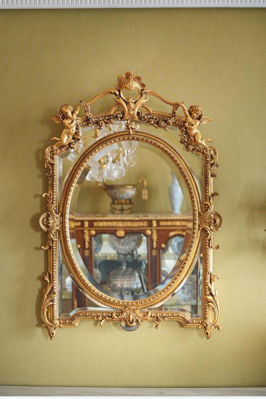 独角鹿西洋古董1880年代法国出品古典天使花蔓主题鎏金灰墁浮雕木质大型挂镜 商品图1