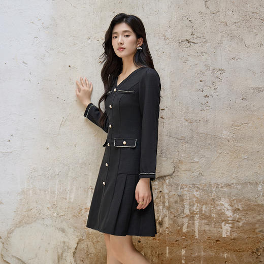 奢姿大码女装2025秋季假口袋设计V领连衣裙胖妹妹小香风时尚裙子9953894224 商品图2