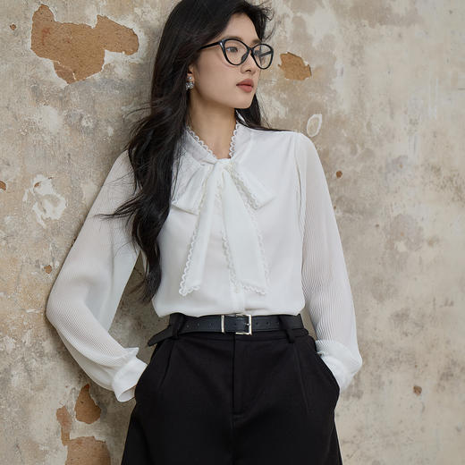 奢姿大码女装2025秋季时尚蝴蝶结飘带衬衫胖妹妹气质花边装饰上衣9953270266 商品图1