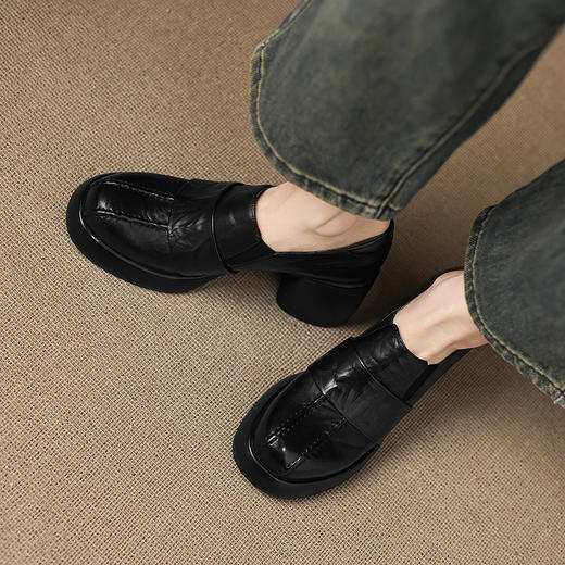 OLD A1352英伦风厚底小皮鞋真皮粗跟乐福鞋高跟懒人鞋 商品图3