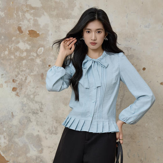 奢姿大码女装2025秋季减龄蝴蝶结绑带简约衬衫胖妹妹百褶时尚上衣9953270259 商品图1