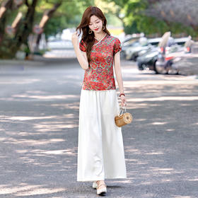 XS99922新中式复古印花套装女2025夏季新款改良旗袍气质阔腿裤两件套