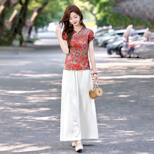 XS99922新中式复古印花套装女2025夏季新款改良旗袍气质阔腿裤两件套 商品图0