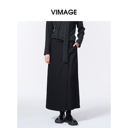 VIMAGE纬漫纪长款休闲百搭气质开叉黑色直筒半身裙2025秋季新款V2406110 商品图5