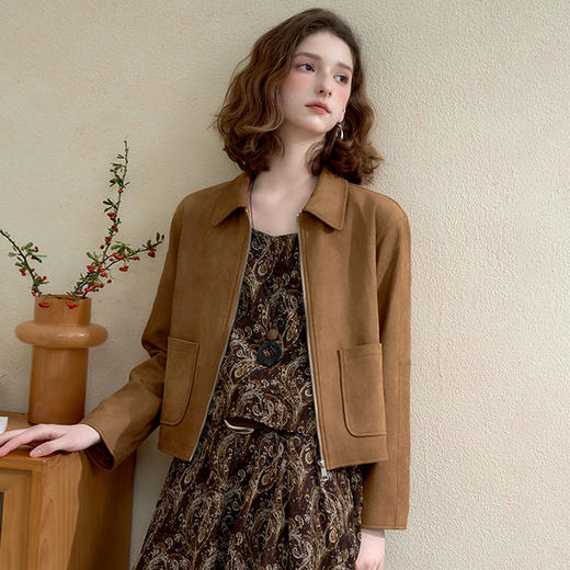 西遇美拉德复古翻领麂皮绒短外套女秋季气质正肩拉链夹克上衣V3155133 商品图4