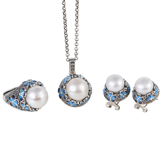 【丛中笑】S925银镶淡水珍珠景泰蓝珐琅梅花戒指耳扣吊坠套装【SCH-TRS13776】 商品图4