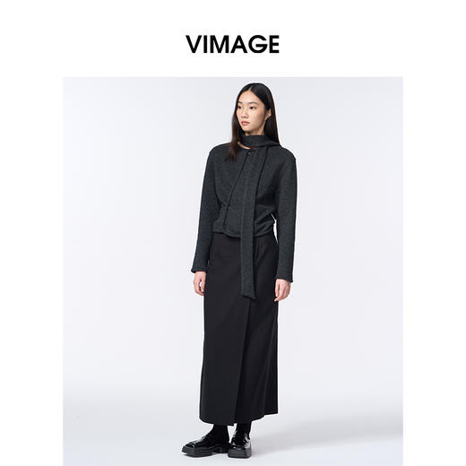 VIMAGE纬漫纪长款休闲百搭气质开叉黑色直筒半身裙2025秋季新款V2406110 商品图1