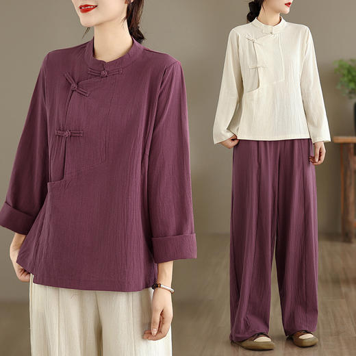 2025秋季新款复古民族风改良纯色文艺禅意茶服宽松长袖盘扣套装女 商品图1