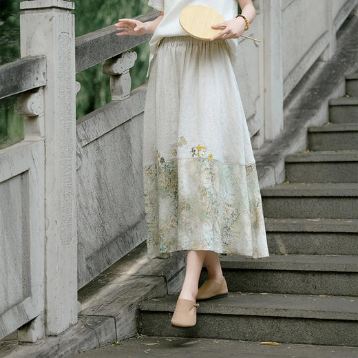 A6529国风雨露麻半身裙新中式女装亚麻半身裙夏季新款高级气质感国风印花a字裙 商品图0