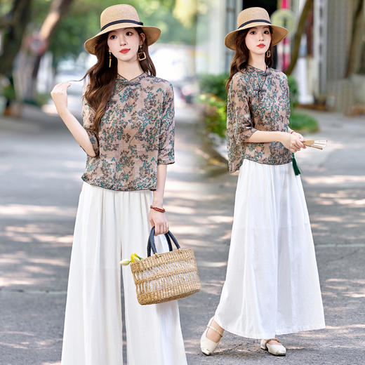 XS99923新中式印花套装女2025夏季新款复古盘扣文艺上衣阔腿裤两件套潮流 商品图2