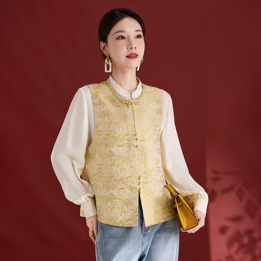 QS新中式个性提花盘扣桑蚕丝马甲女装显瘦遮肉2025秋季新款气质1321 商品图2