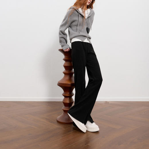 三彩2025冬季新款雪尼尔微喇裤休闲裤开叉长裤显瘦简约M 商品图2