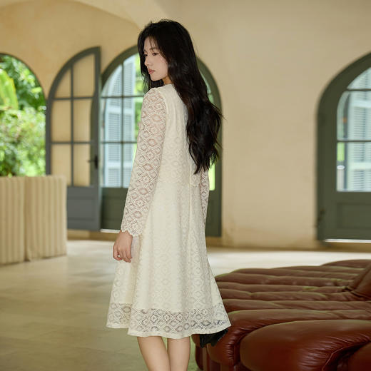 奢姿大码女装2025秋装新款胖妹妹假两件优雅镂空蕾丝长袖连衣裙9953853632 商品图3