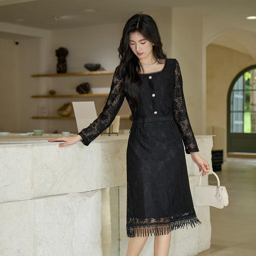 奢姿大码女装2025秋季名媛气质假两件流苏裙子胖妹妹蕾丝连衣裙9953853575 商品图2