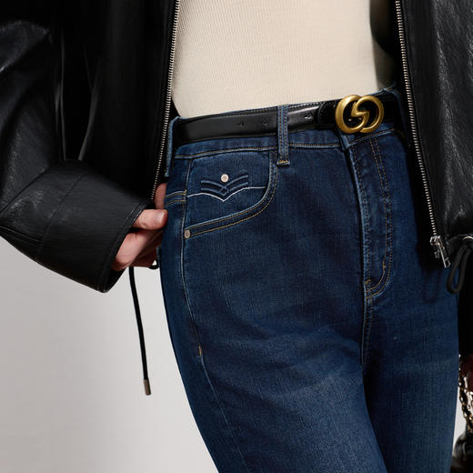 三彩2025冬季新款修身小脚牛仔裤休闲九分裤一体绒植绒铅笔裤M 商品图2