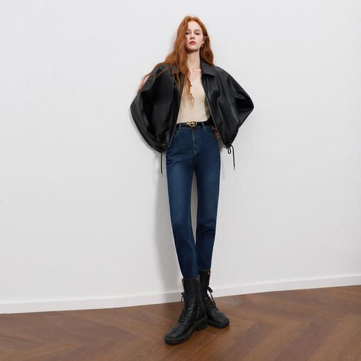 三彩2025冬季新款修身小脚牛仔裤休闲九分裤一体绒植绒铅笔裤M 商品图3