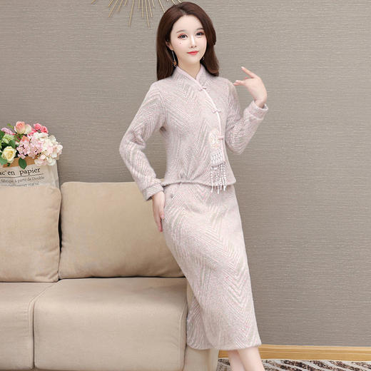 QYM 24DY992-Y新中式国风套装复古长袖小衫包臀开衩半身裙套装裙 商品图1